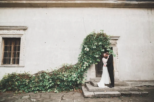Schönes Romantisches Brautpaar Das Sich Der Nähe Des Alten Schlosses — Stockfoto