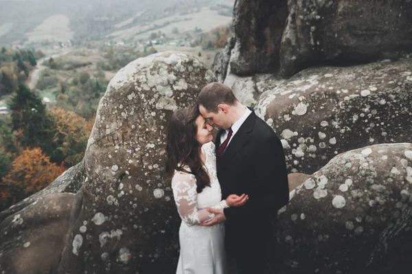 Joyeux Couple Mariage Posant Sur Beau Paysage Dans Les Montagnes — Photo