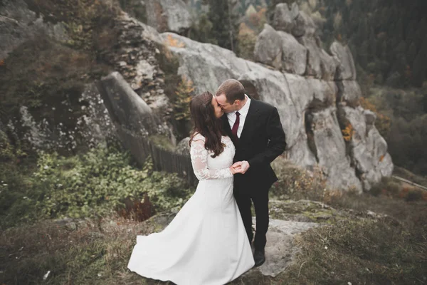 Verheugd Huwelijksfeest Paar Poseren Prachtige Landschap Bergen — Stockfoto