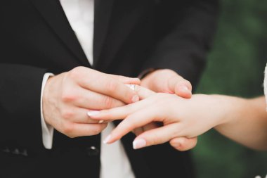 Gelin ve damat alyanslarını değiş tokuş ediyorlar. Şık bir çift töreni..