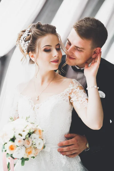 Perfect Couple Bride Groom Posing Kissing Wedding Day — Stock Photo, Image
