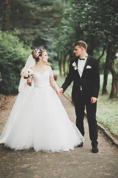 Romântico Conto Fadas Feliz Casal Recém Casado Abraçando Beijando Parque — Fotografia de Stock