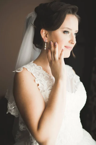 Роскошная Невеста Белом Платье Позирует Подготовке Свадьбе — стоковое фото