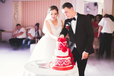 Gelin ve damat düğün pastasını kesiyor..