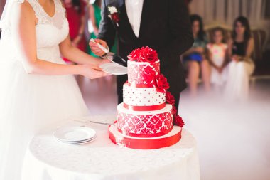 Gelin ve damat düğün pastasını kesiyor..