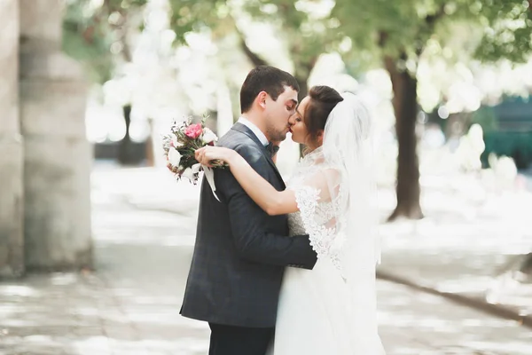Casamento Luxo Casal Noiva Noivo Posando Cidade Velha — Fotografia de Stock