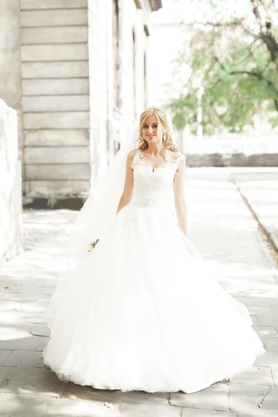 Schöne Braut Dreht Mit Perfektem Kleid Park — Stockfoto
