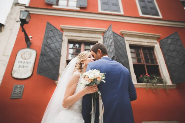 Muhteşem Bir Düğün Çifti Eski Lviv Şehrinde Yürüyor — Stok fotoğraf