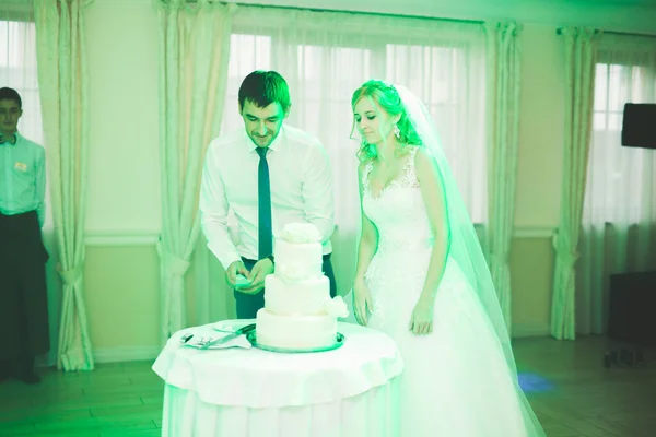 Menyasszony Vőlegény Esküvőn Felvágja Esküvői Tortát — Stock Fotó