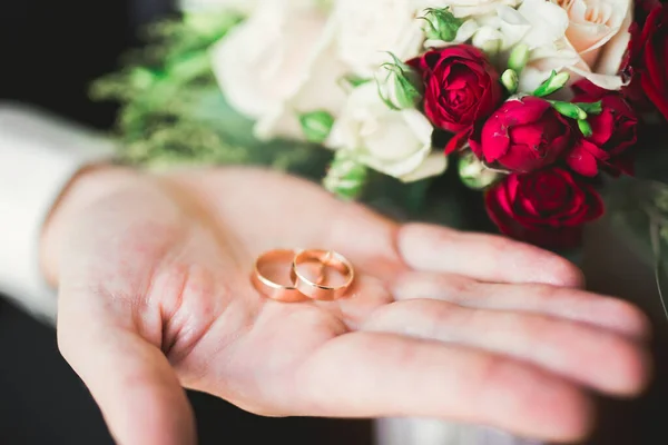 Luxo Anéis Casamento Bonitos Nas Mãos — Fotografia de Stock