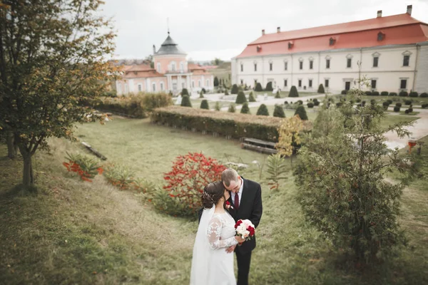 Schönes Märchenhaftes Brautpaar Umarmt Sich Der Nähe Des Alten Mittelalterlichen — Stockfoto