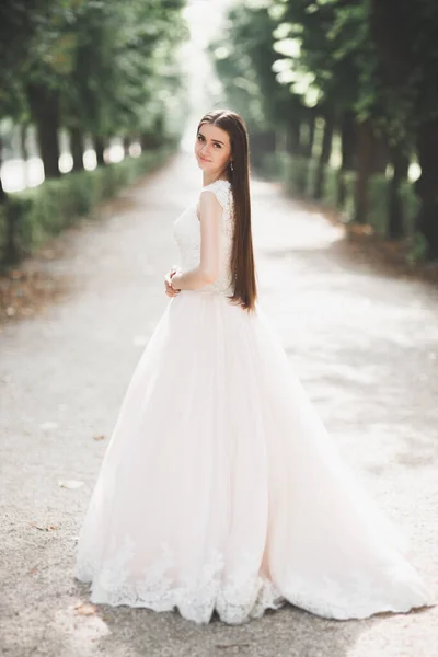 Красивая Невеста Позирует Свадебном Платье Открытом Воздухе — стоковое фото