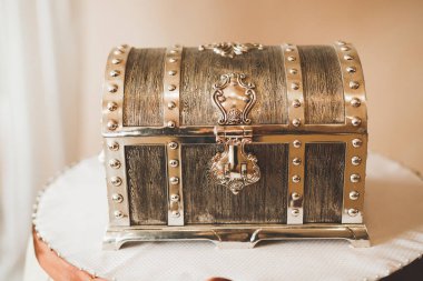 Vintage chest, closed money box, isolated background