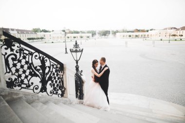 Kafkasyalı mutlu romantik çift evliliklerini kutluyor. Açık hava..