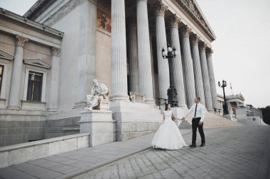 Mükemmel bir çift gelin ve damat düğün günlerinde poz verip öpüşürler..
