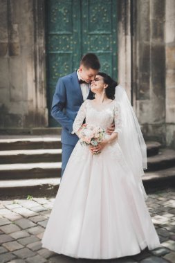 Lüks evli çift, gelin ve damat eski şehirde poz veriyor..