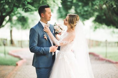 Güzel gelin ve damat evlendikleri gün kucaklaşıp öpüşüyorlar..