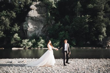 Zarif, şık, mutlu, sarışın gelin ve dağlardaki güzel bir nehrin arka planında harika bir damat..