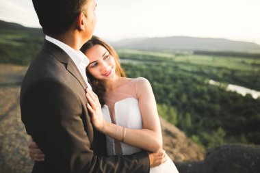 Doğadaki düğün çifti birbirine sarılıyor. Beyaz elbiseli güzel bir kız. Takım elbiseli adam.