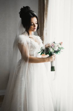 Tüylü, lüks makyaj, saç stili, stüdyo içi fotoğraf çekimi olan güzel bir gelin..