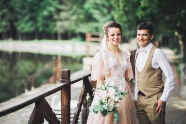 Doğadaki düğün çifti birbirine sarılıyor. Beyaz elbiseli güzel bir kız. Takım elbiseli adam.