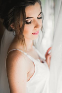 Tüylü, lüks makyaj, saç stili, stüdyo içi fotoğraf çekimi olan güzel bir gelin..