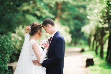 Parkta kucaklaşan yeni evli çiftin güzel romantik düğünü..