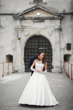 Romantik düğün anı, yeni evli çiftin gülümseyen portresi, gelin ve damadın kucaklaşması.