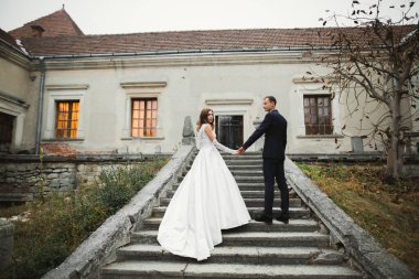 Güzel bir yerde düğün. Düğün çifti, gelin ve damat el ele tutuşup merdivenleri çıkıyorlar..