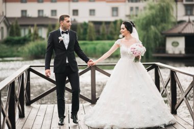 Düğün günü el ele tutuşan çift, damat ve gelin..