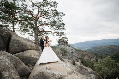 Harika bir gelin damada poz veriyor ve harika manzaralı dağlarda eğleniyor. Mesajlaşacak yer, düğün çifti..