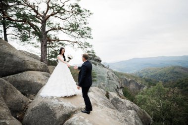 Harika bir gelin damada poz veriyor ve harika manzaralı dağlarda eğleniyor. Mesajlaşacak yer, düğün çifti..