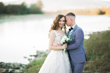 Zarif, şık, mutlu, sarışın gelin ve dağlardaki güzel bir nehrin arka planında harika bir damat..