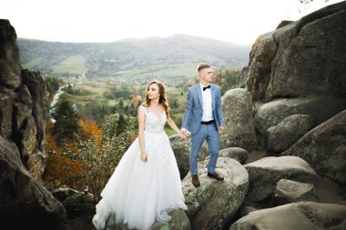 Güzel dağlarda poz veren mutlu bir düğün çifti..