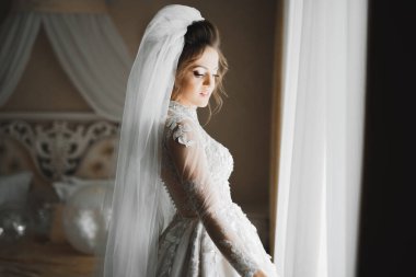 Tüylü, lüks makyaj, saç stili, stüdyo içi fotoğraf çekimi olan güzel bir gelin..