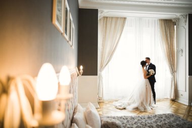 Romantik düğün anı, yeni evli çiftin gülümseyen portresi, gelin ve damadın kucaklaşması.