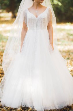 Parkta poz veren gelinlikli güzel, lüks bir gelin..