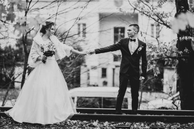 Düğün günü el ele tutuşan çift, damat ve gelin..