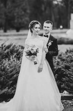 Doğadaki düğün çifti birbirine sarılıyor. Beyaz elbiseli güzel bir kız. Takım elbiseli adam.