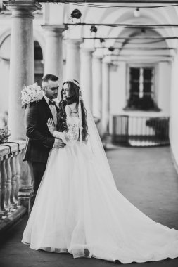 Romantik düğün anı, yeni evli çiftin gülümseyen portresi, gelin ve damadın kucaklaşması.