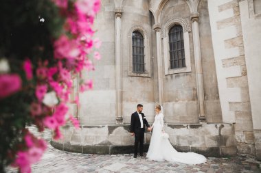 Muhteşem mutlu çift birbirine yakın duruyor ve eski şehir geçmişine, düğün fotoğrafına, Avrupa şehrine, Lviv 'de düğün gününe bakıyor..