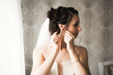 Tüylü, lüks makyaj, saç stili, stüdyo içi fotoğraf çekimi olan güzel bir gelin..