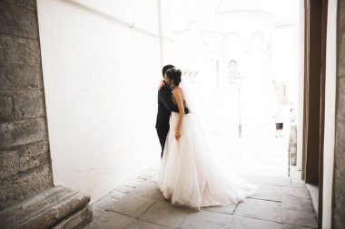 Güzel gelin ve damat evlendikleri gün kucaklaşıp öpüşüyorlar..