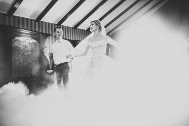 Güzel bir düğün çifti yeni evlendi ve ilk danslarını ediyorlar..