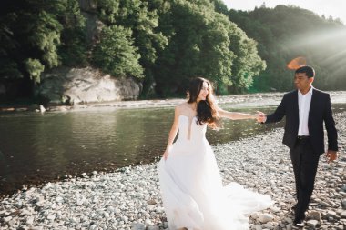 Düğün günü el ele tutuşan çift, damat ve gelin..