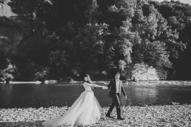 Zarif, şık, mutlu, sarışın gelin ve dağlardaki güzel bir nehrin arka planında harika bir damat..