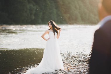 Zarif, şık, mutlu, sarışın gelin ve dağlardaki güzel bir nehrin arka planında harika bir damat..