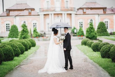 Güzel, genç bir çift, yağmur yağarken ellerinde çiçek demeti ile poz veriyorlar..