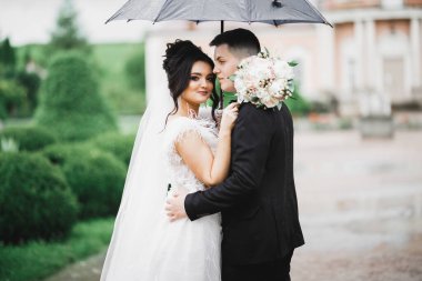 Parkta kucaklaşan yeni evli çiftin güzel romantik düğünü..