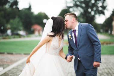 Güzel gelin ve damat evlendikleri gün kucaklaşıp öpüşüyorlar..